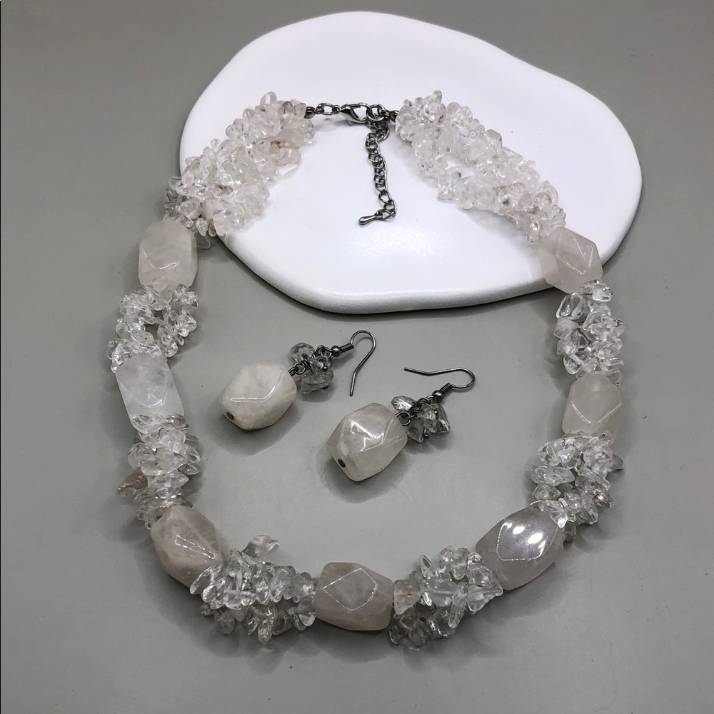 Frost white quartz crystal stone gemstone necklace and earrings jewelry set boho